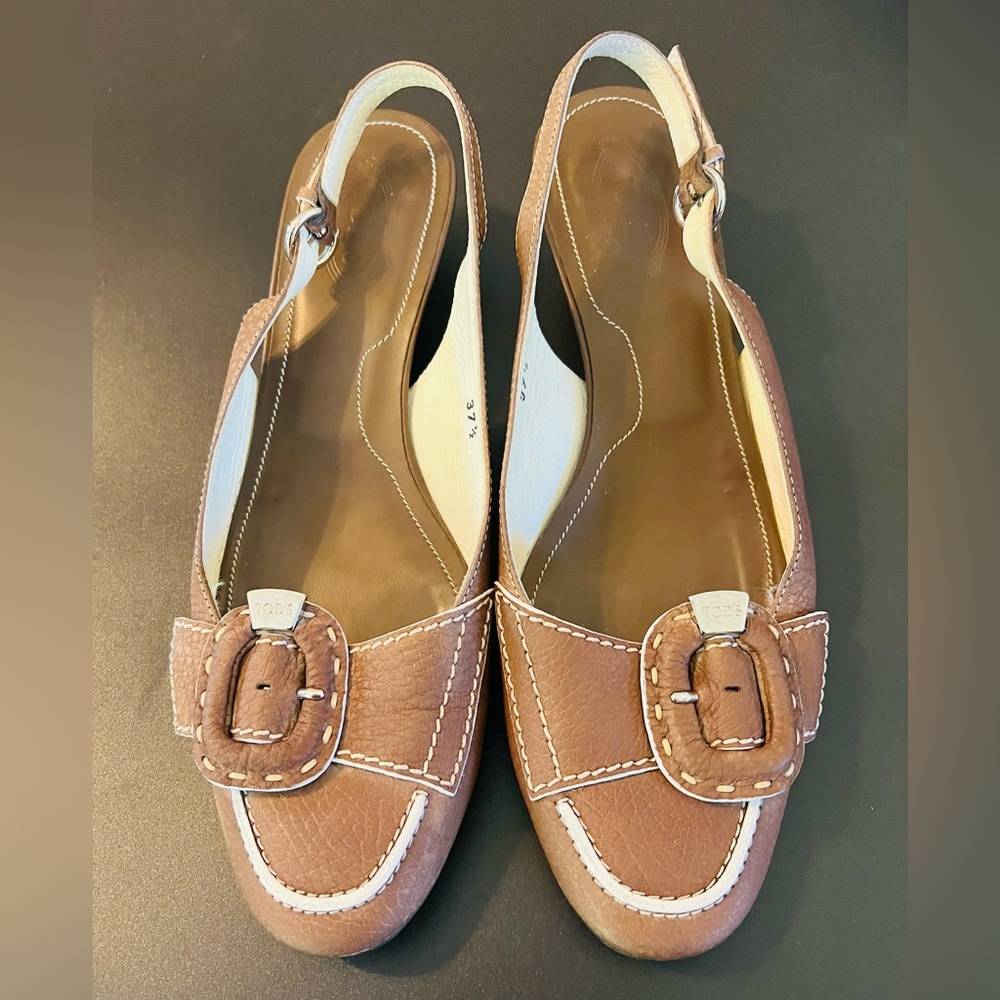 Tod’s Sling Back Buckle-Kitten Heels Shoes - Comfort shoes - Almond Color-SZ 7.5